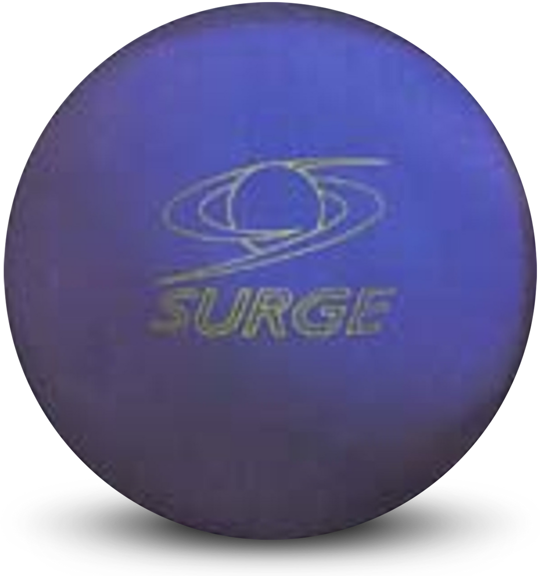 A blue colored bowling ball with the Surge logo in yellow centered prominently.