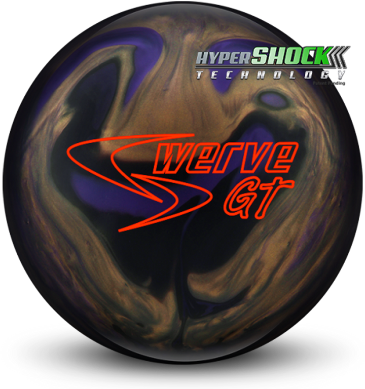 A bronze, purple, and black colored bowling ball with the Swerve GT logo in red centered prominently. Also with the HyperShock Technology logo in the upper right-hand corner.