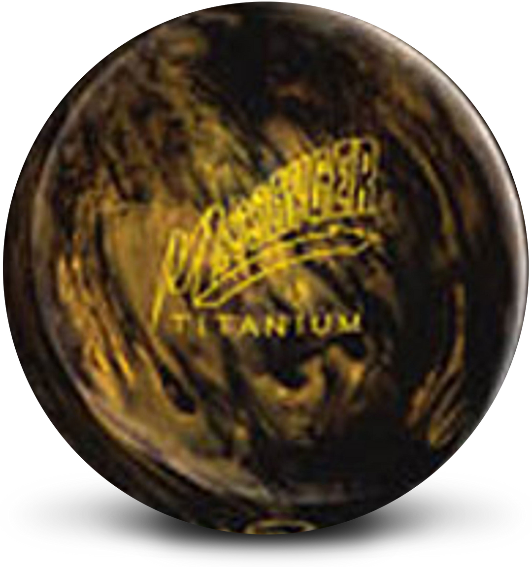 A gold and black colored bowling ball with the Messenger Titanium logo in yellow centered prominently.