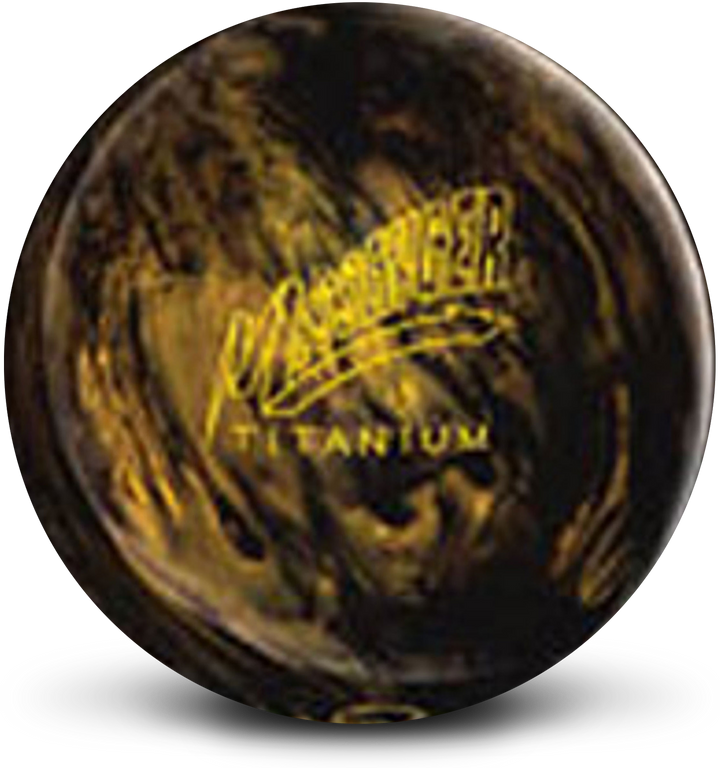 A gold and black colored bowling ball with the Messenger Titanium logo in yellow centered prominently.