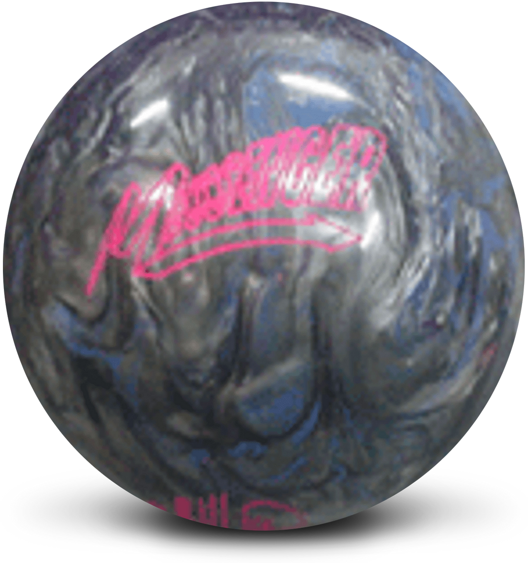 A blue, purple, and silver colored bowling ball with the Messenger logo in pink centered prominently.