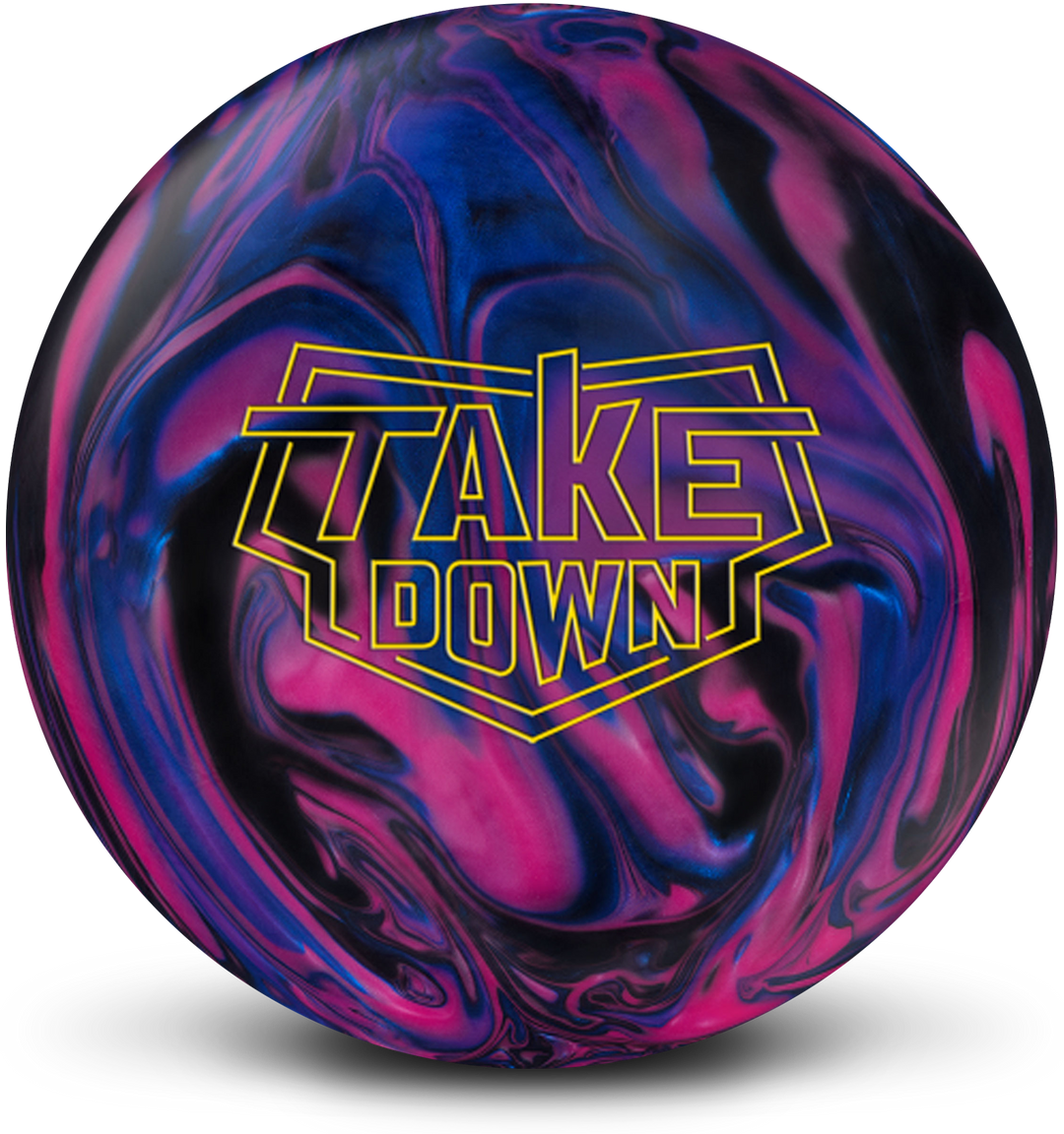 A hot pink, royal blue, and black colored bowling ball with the Take Down logo in yellow centered prominently.