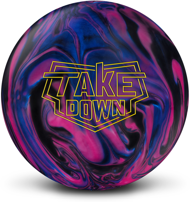 A hot pink, royal blue, and black colored bowling ball with the Take Down logo in yellow centered prominently.
