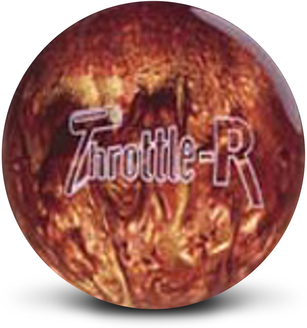A copper and gold pearl colored bowling ball with the Throttle-R logo in white centered prominently.
