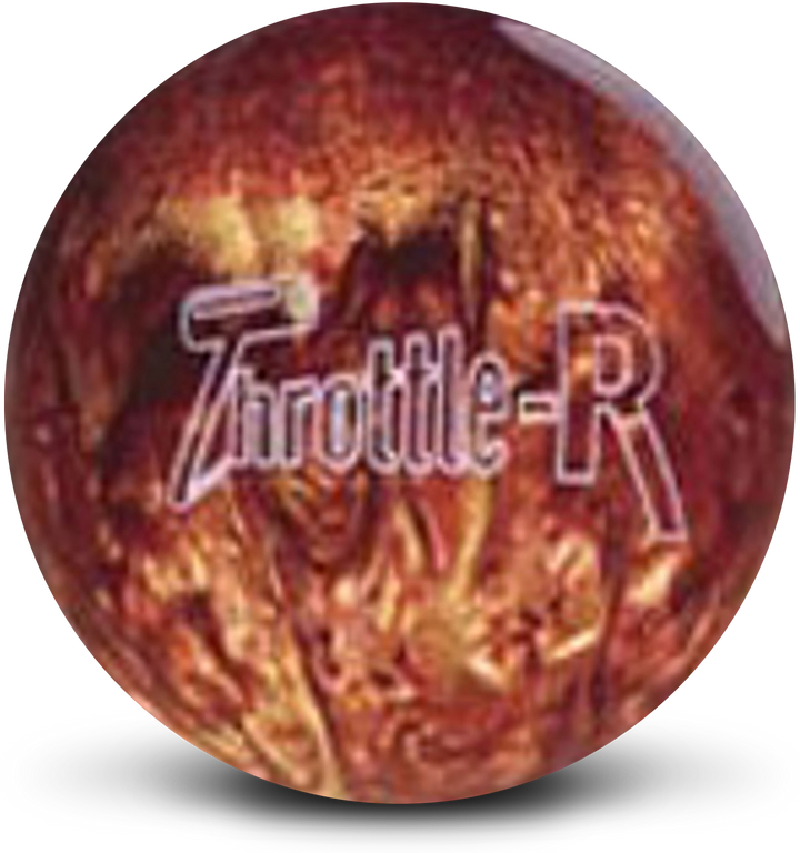 A copper and gold pearl colored bowling ball with the Throttle-R logo in white centered prominently.