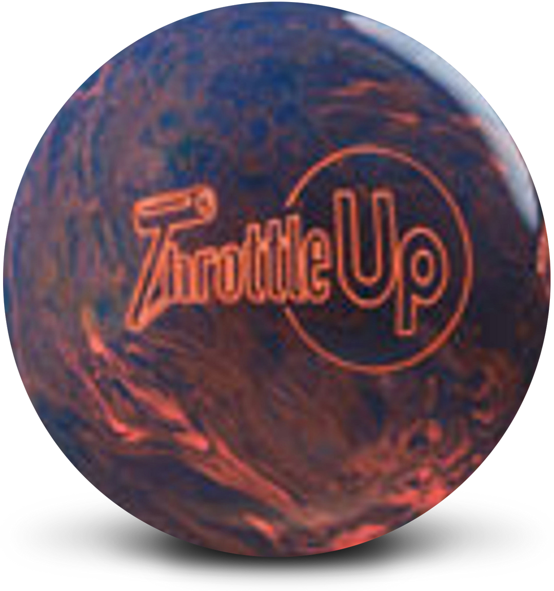 A blue and orange colored bowling ball with the Throttle Up logo in orange centered prominently.