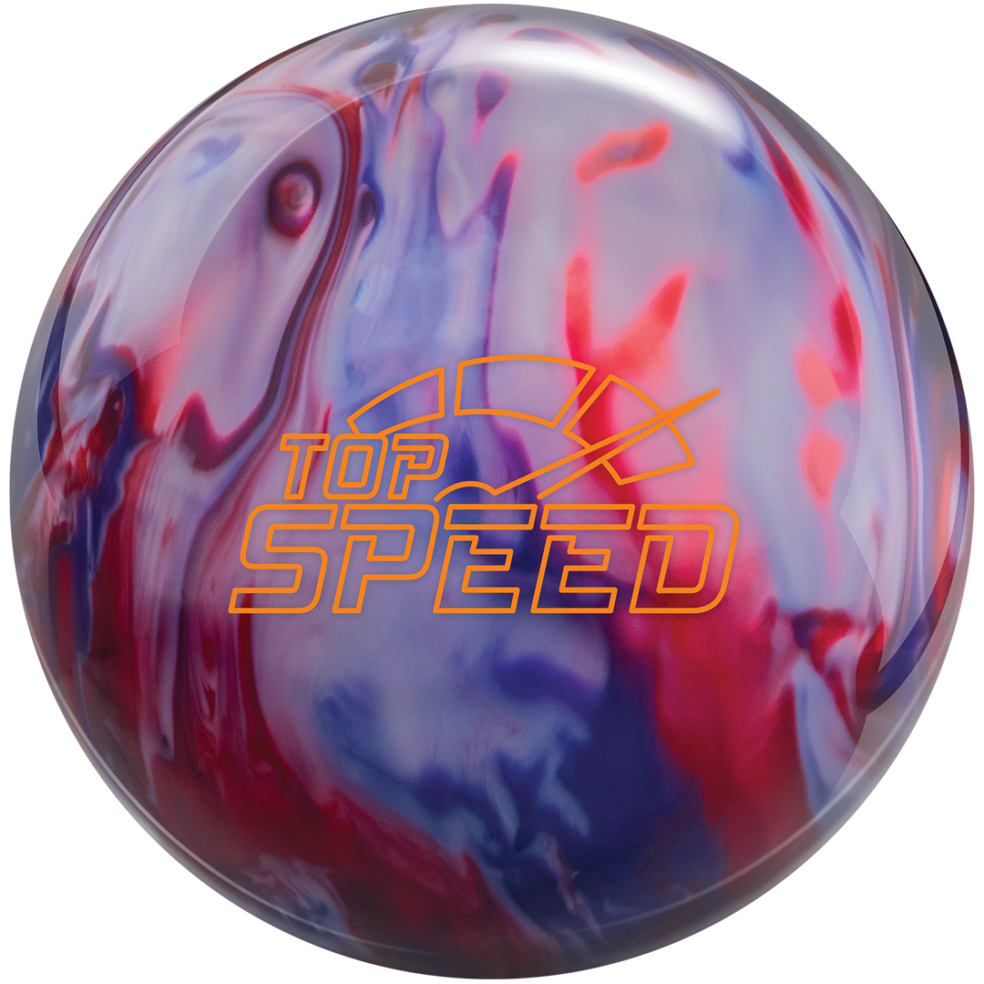 A scarlet, silver, and purple colored bowling ball with the Top Speed logo in orange centered prominently.