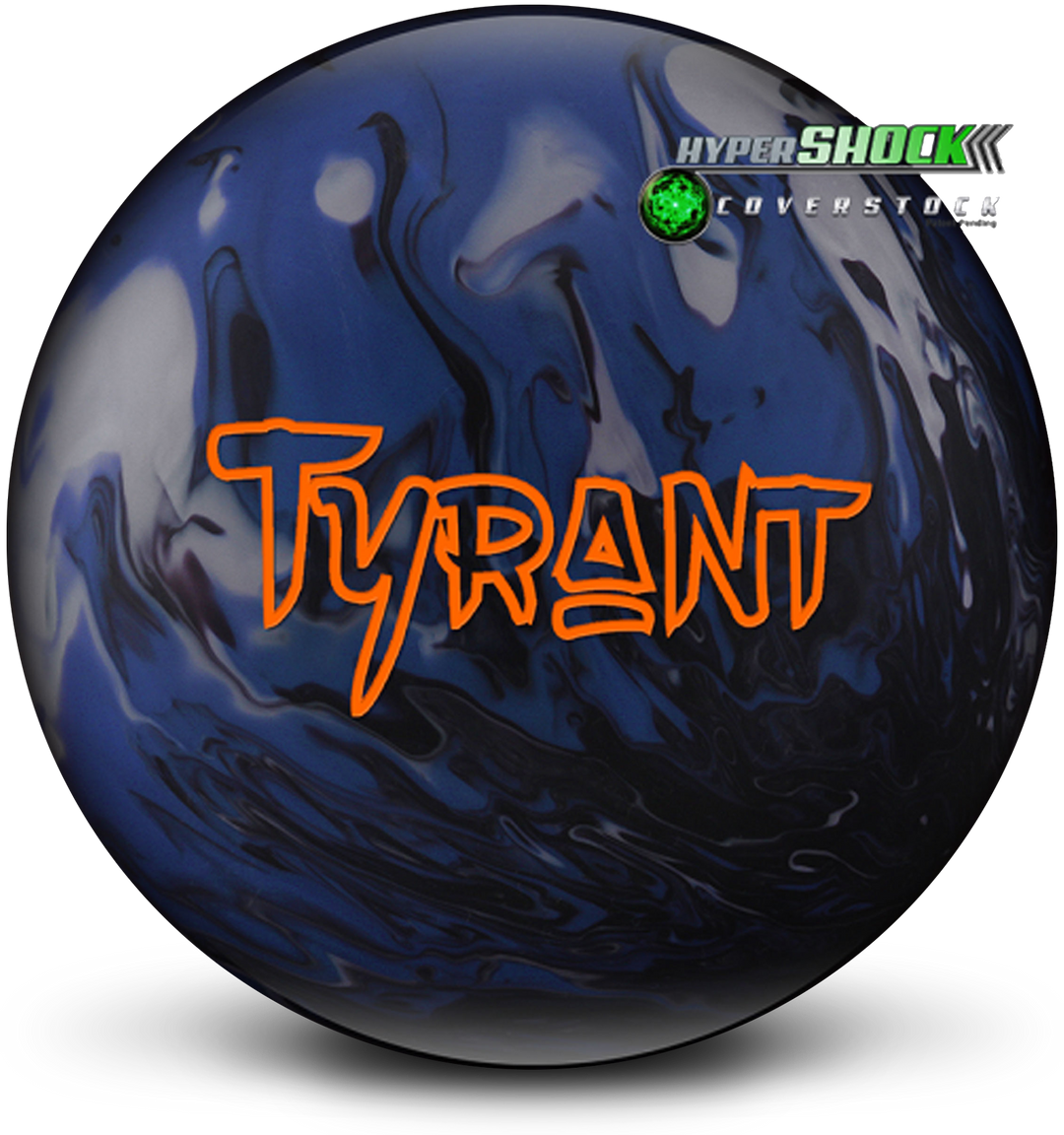 A black, blue, and silver bowling ball with the Tyrant logo in orange centered prominently. Also with the HyperSHOCK Coverstock logo in the upper right-hand corner.
