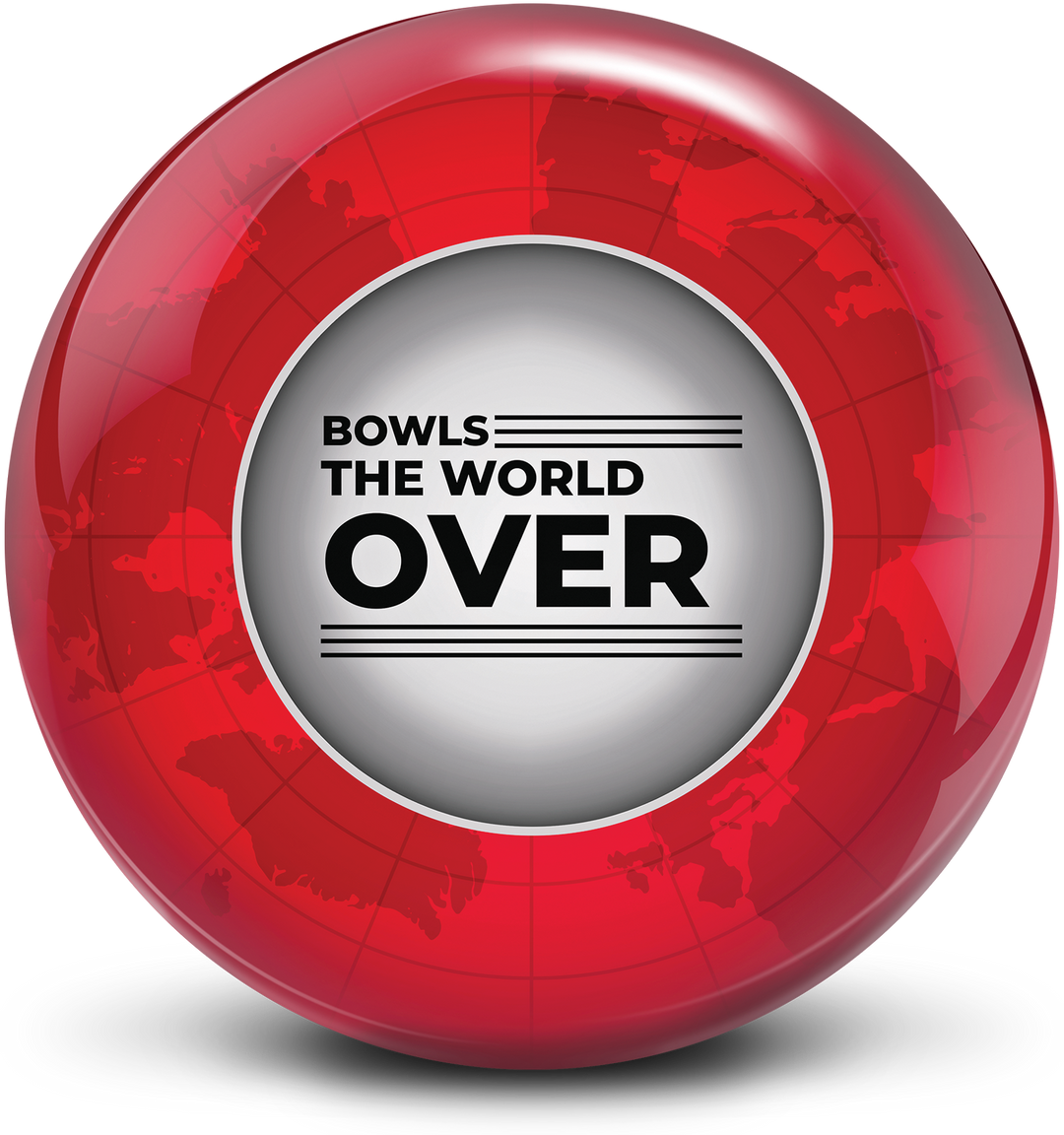 A red colored bowling ball with the world map in the background and a white circle in the middle with the "Bowls the World Over" logo in black centered prominently.
