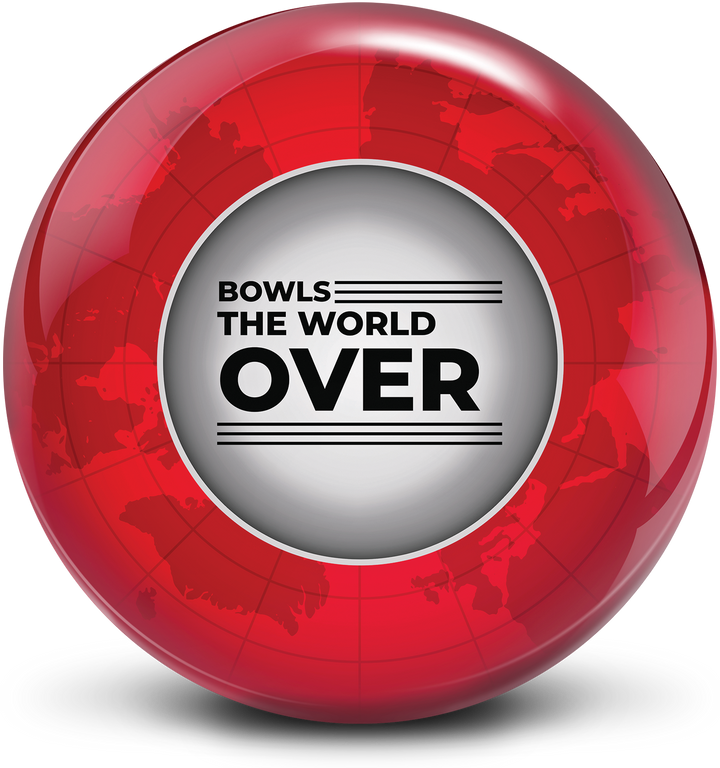 A red colored bowling ball with the world map in the background and a white circle in the middle with the "Bowls the World Over" logo in black centered prominently.