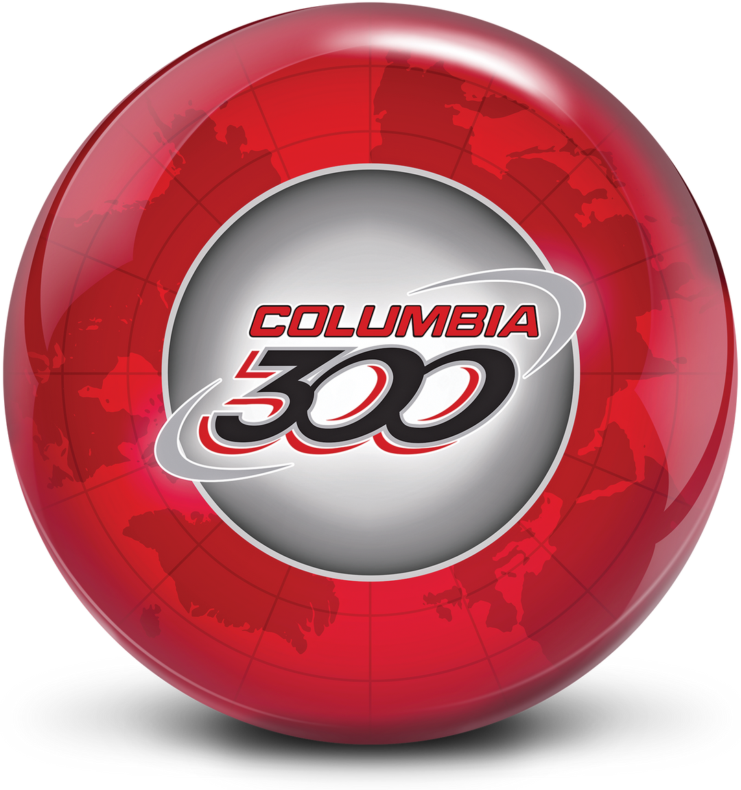 A red colored bowling ball with the world map in the background and a white circle in the middle with the red, black, and grey Columbia 300 logo in the middle.