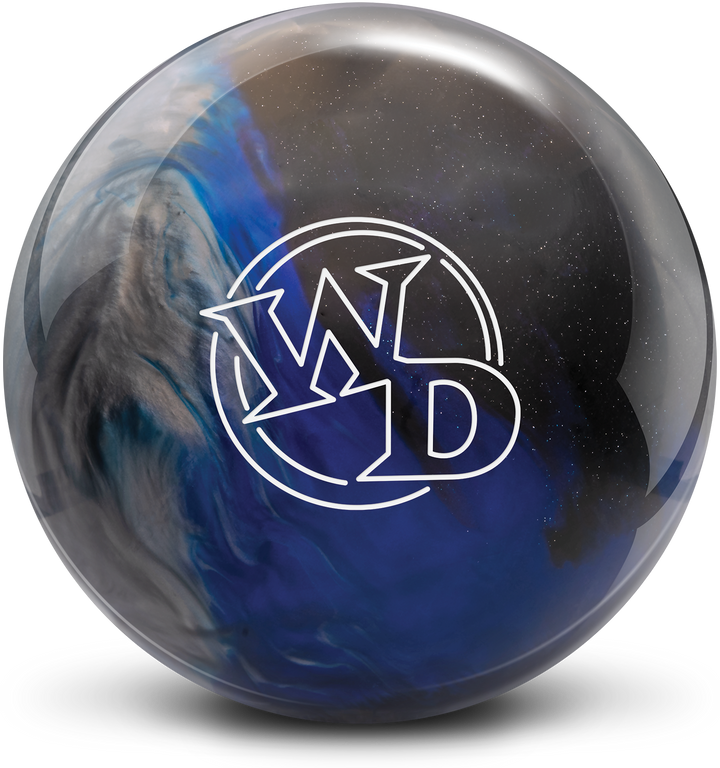 A blue, black, and silver colored bowling ball with the White Dot logo in white centered prominently.