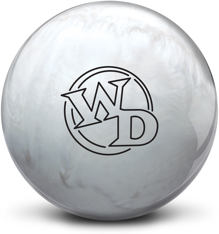 A white pearl colored bowling ball with the White Dot "WD" logo in black centered prominently.