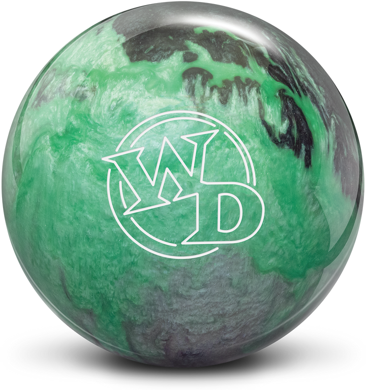 A mint green, silver, and black colored bowling ball with the White Dot logo in white centered prominently.