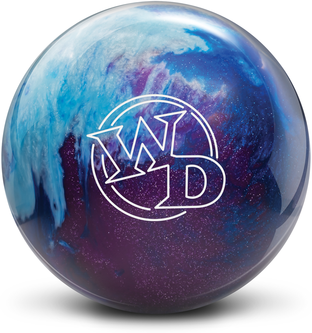 A dark blue, light blue, and magenta colored bowling ball with the White Dot logo in white centered prominently.