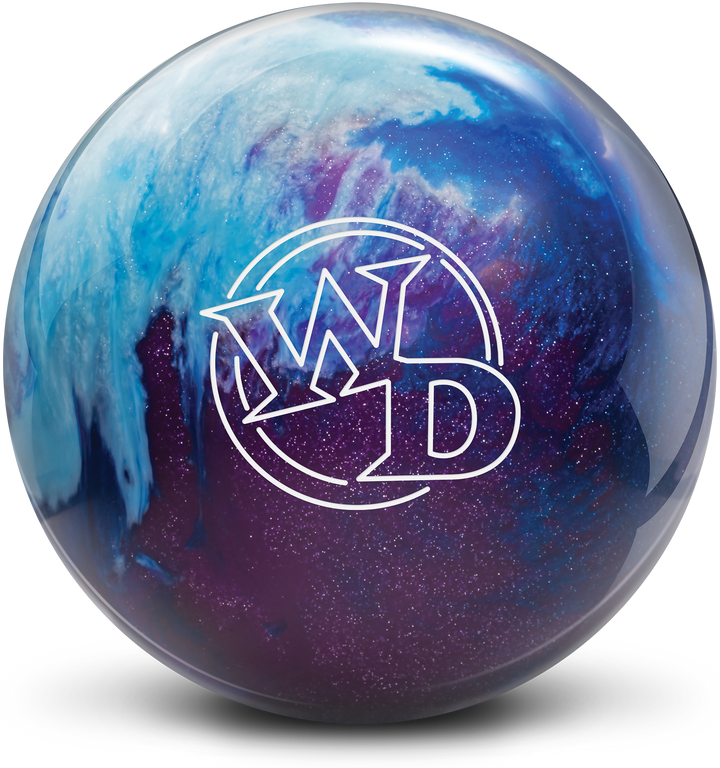 A dark blue, light blue, and magenta colored bowling ball with the White Dot logo in white centered prominently.