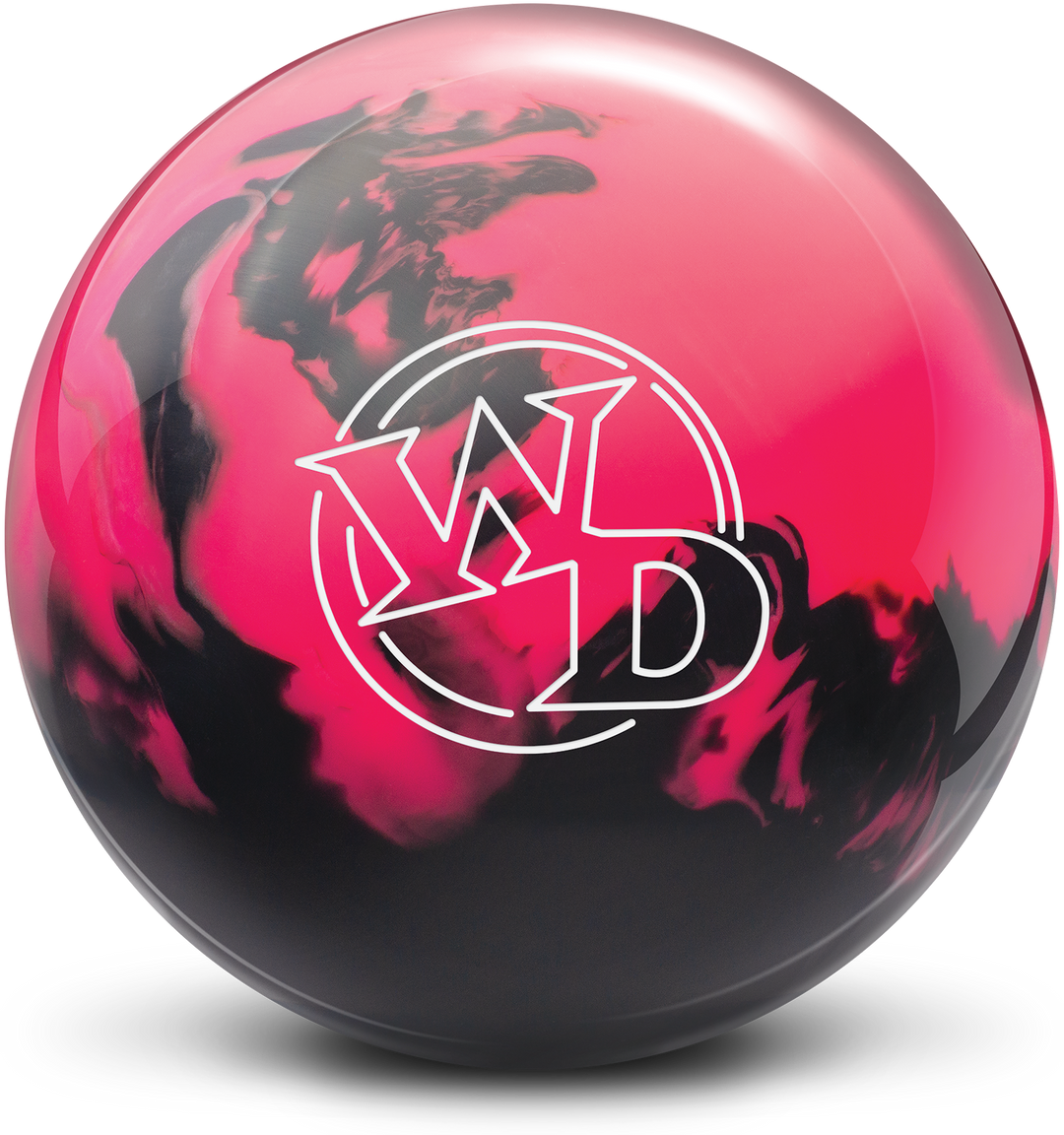 A pink and black colored bowling ball with the White Dot "WD" logo in white centered prominently.