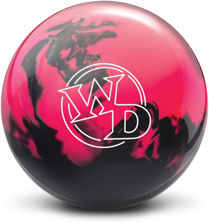 A pink and black colored bowling ball with the White Dot "WD" logo in white centered prominently.