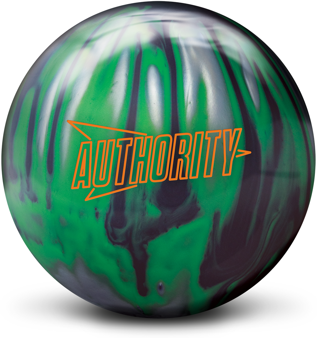 A black, lime, and silver bowling ball with the Authority logo in orange centered prominently.