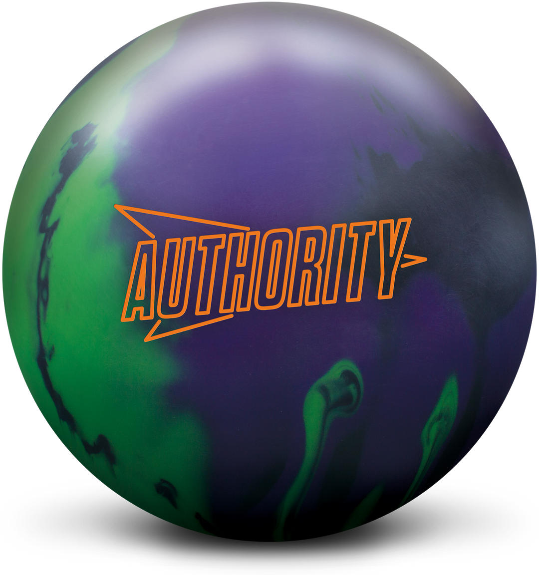A black, purple, and lime bowling ball with the Authority logo in orange centered prominently.