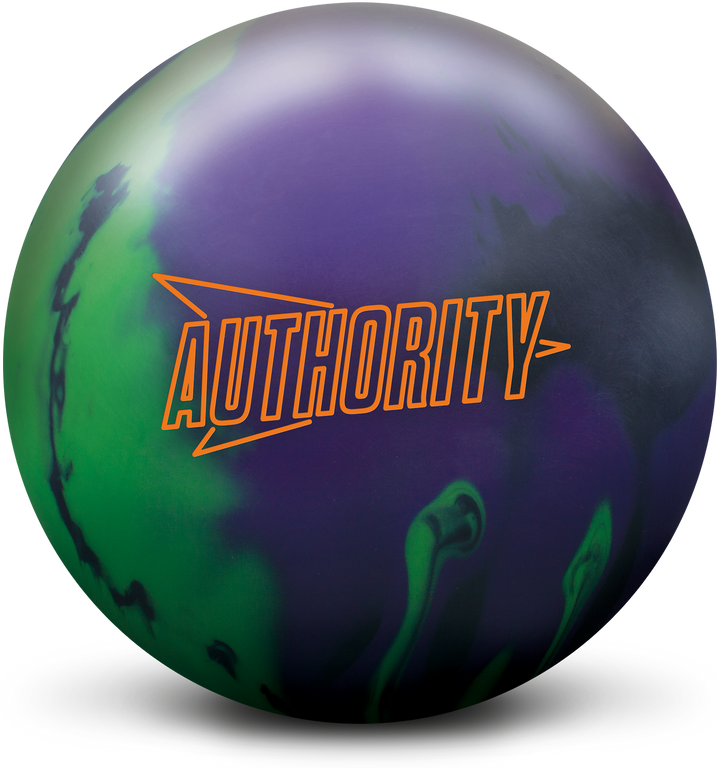 A black, purple, and lime bowling ball with the Authority logo in orange centered prominently.