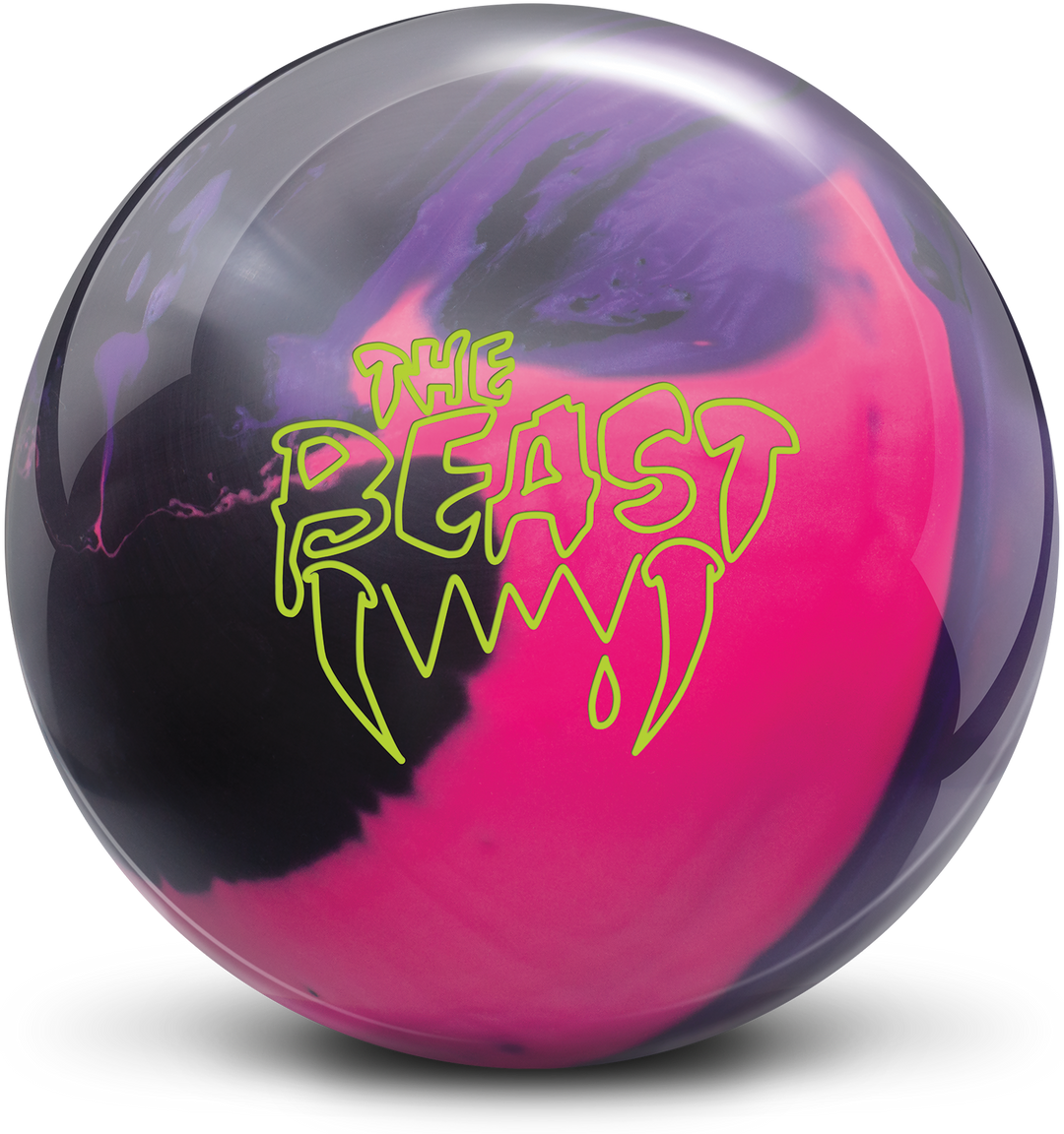 A black, pink, and purple bowling ball with The Beast logo in neon green centered prominently.