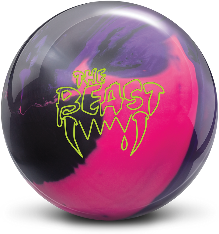 A black, pink, and purple bowling ball with The Beast logo in neon green centered prominently.