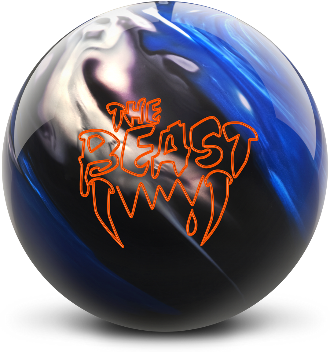 A blue, black, and white bowling ball with The Beast logo in orange centered prominently.