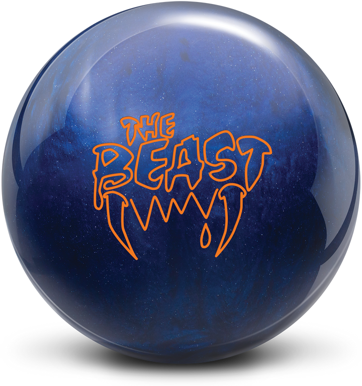A blue pearl bowling ball with The Beast logo in orange centered prominently.