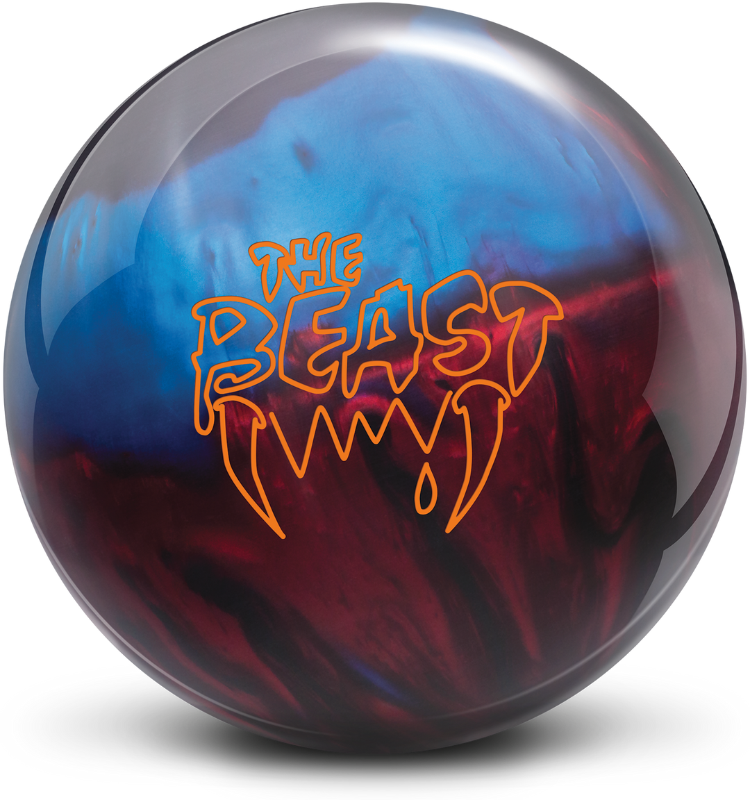 A blue, red, and black bowling ball with The Beast logo in orange centered prominently.