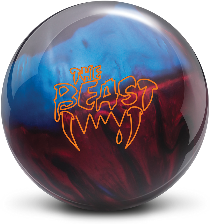 A blue, red, and black bowling ball with The Beast logo in orange centered prominently.