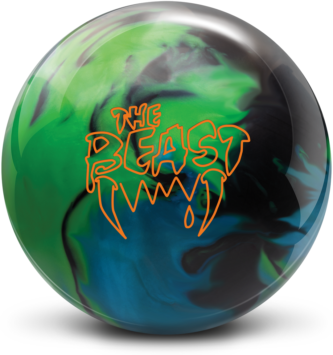 A lime, sky blue, and black colored bowling ball with The Beast logo in orange centered prominently.