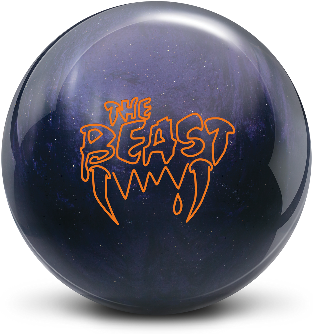 A purple bowling ball with sparkles throughout and The Beast logo in orange centered prominently.
