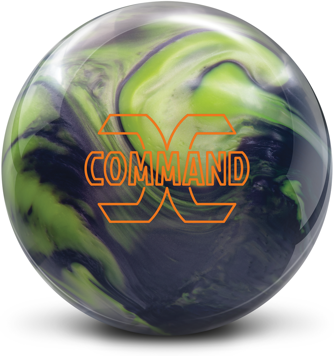 A smoke grey, yellow, and silver colored bowling ball with the Command logo in orange centered prominently.