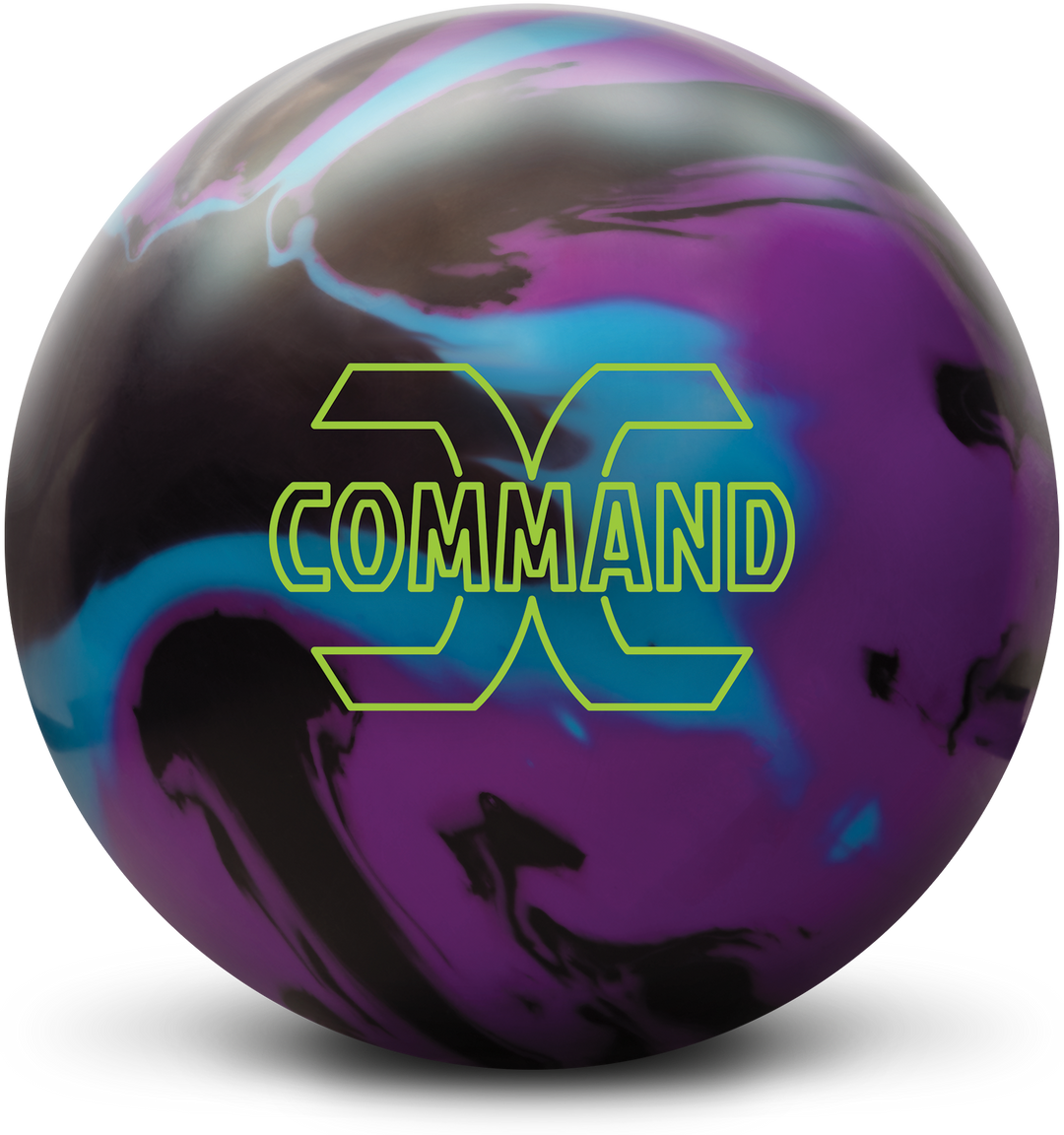 A sky blue, purple, and black colored bowling ball with the Command logo in neon green centered prominently.
