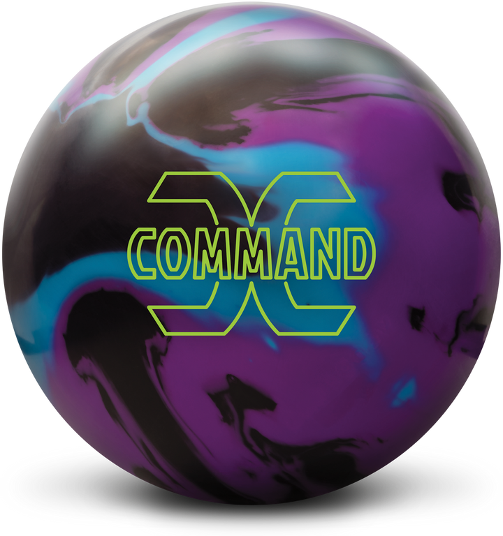 A sky blue, purple, and black colored bowling ball with the Command logo in neon green centered prominently.