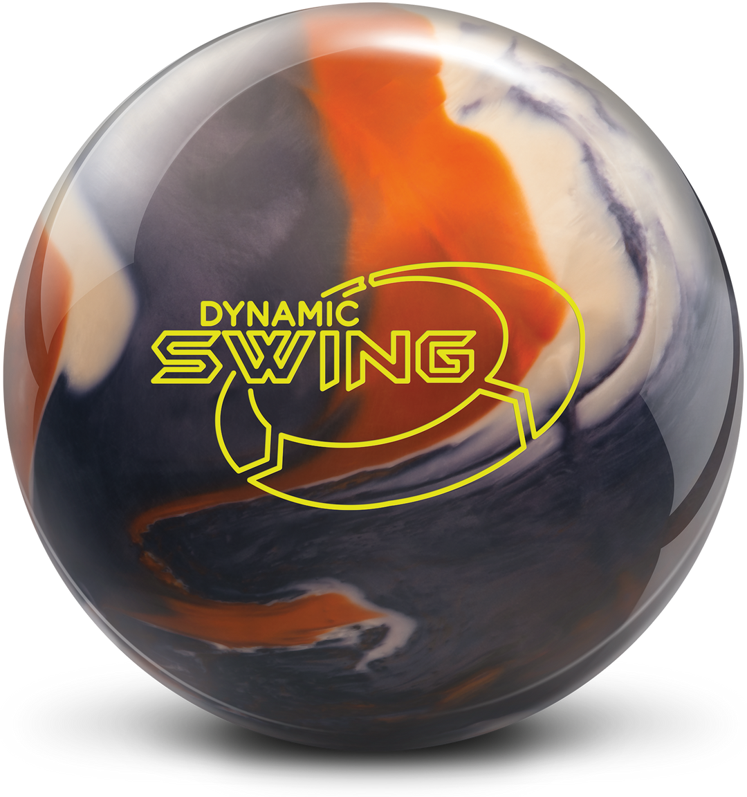 A copper, white, and smoke grey colored bowling ball with the Dynamic Swing logo in neon yellow centered prominently.