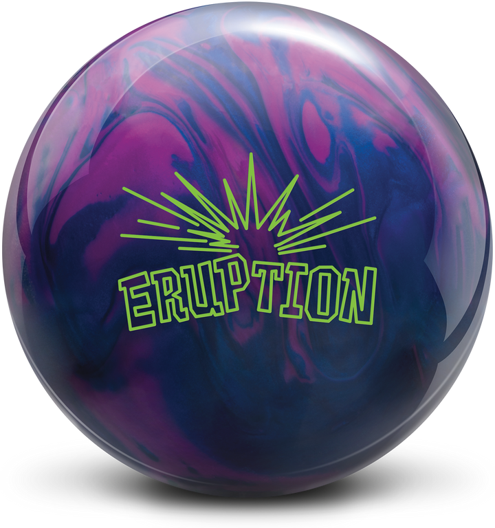 A dark blue and purple bowling ball with the Eruption logo in neon green centered prominently.