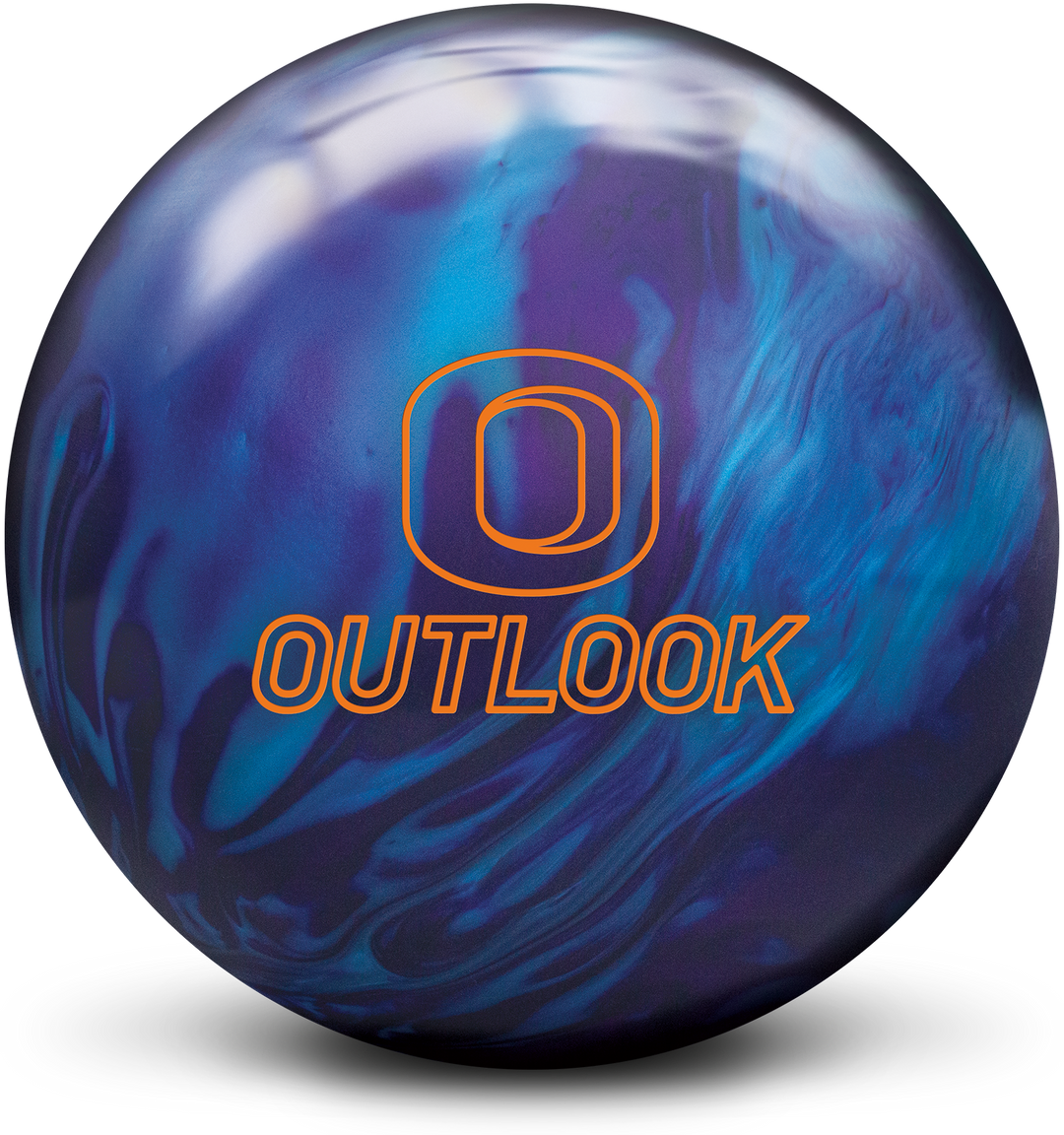 The purple pearl and blue pearl colored bowling ball with the Outlook logo in orange centered prominently.