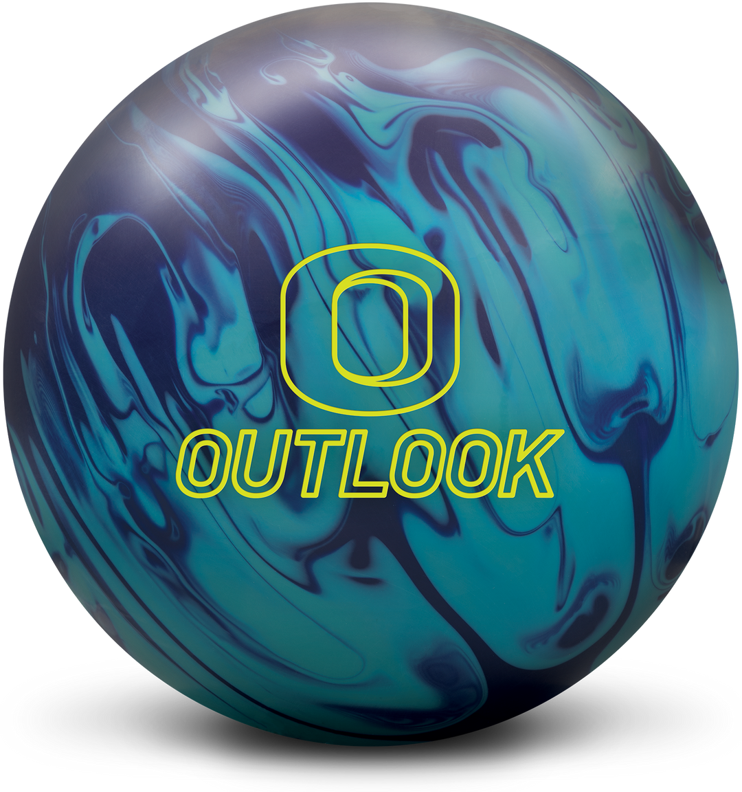 A turquoise and purple colored bowling ball with the Outlook logo in neon yellow centered prominently.