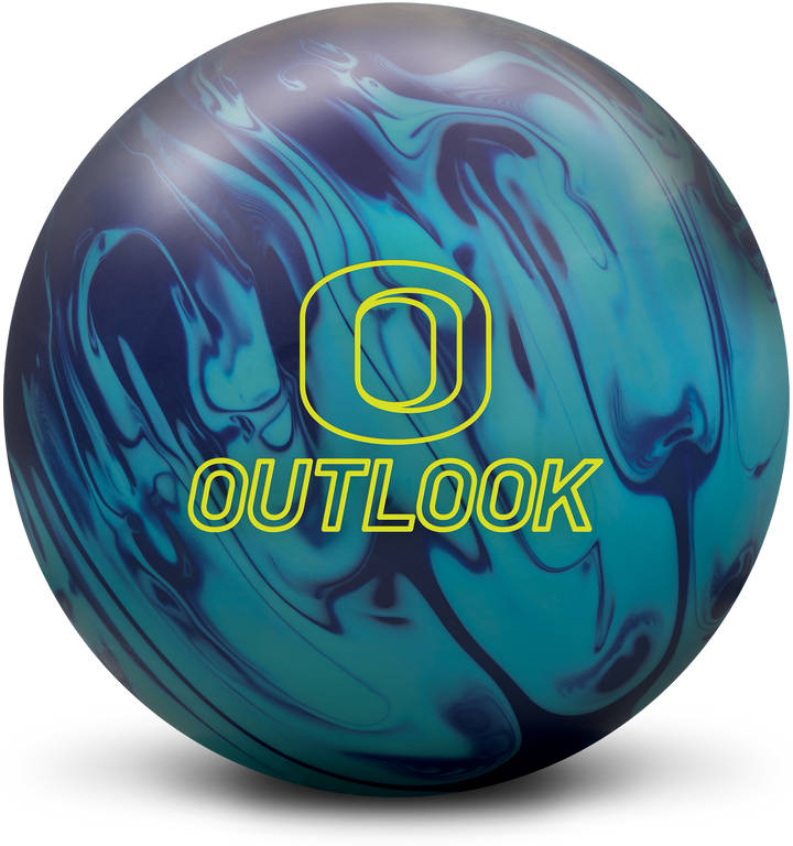 A turquoise and purple colored bowling ball with the Outlook logo in neon yellow centered prominently.