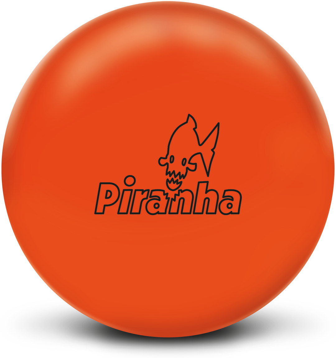 A vibrant orange colored bowling ball with the Piranha logo in black centered prominently.