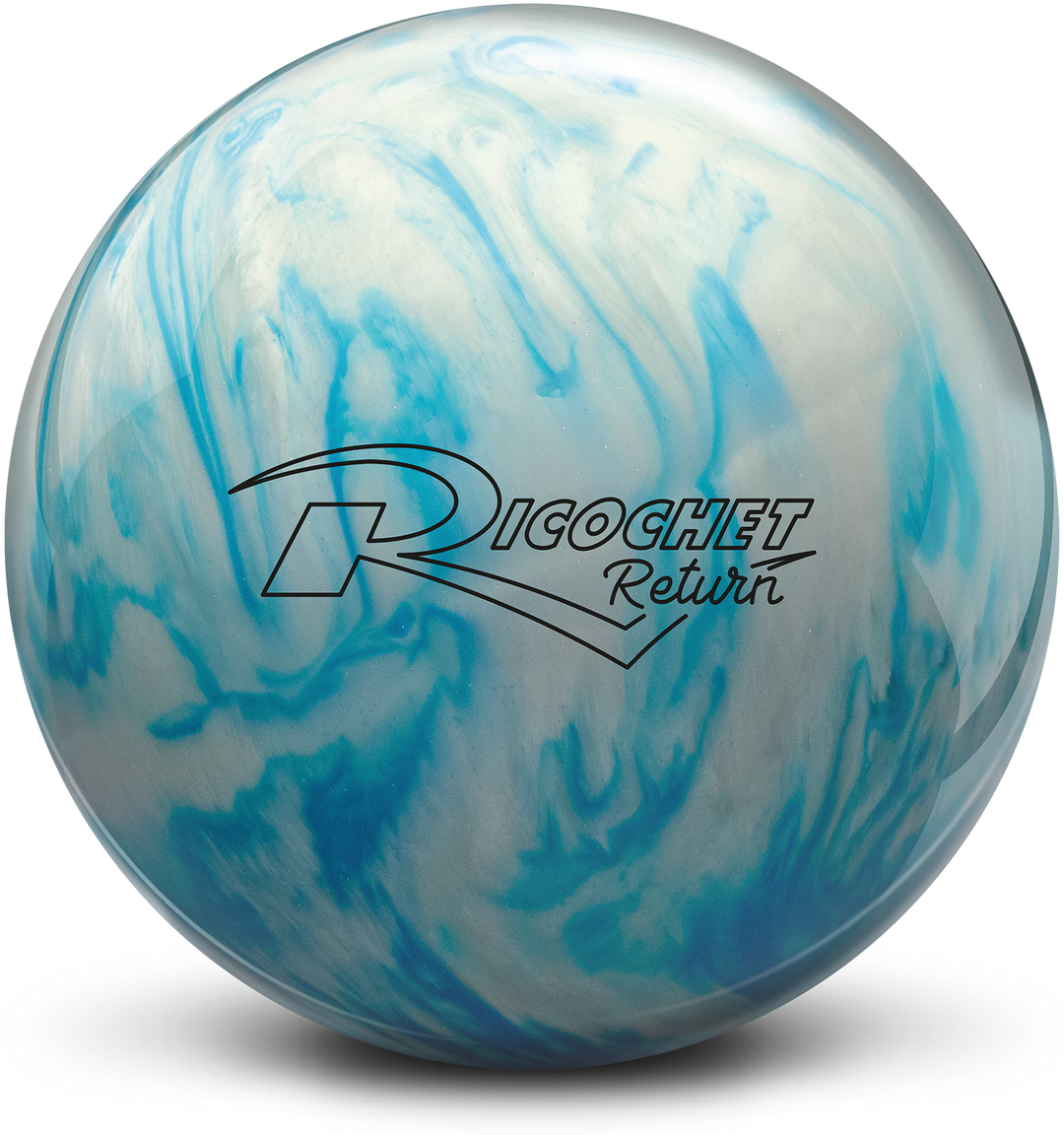 A ice white and sky blue colored bowling ball with the Ricochet Return logo in black centered prominently.