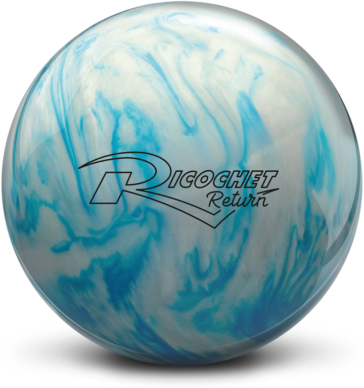 A ice white and sky blue colored bowling ball with the Ricochet Return logo in black centered prominently.
