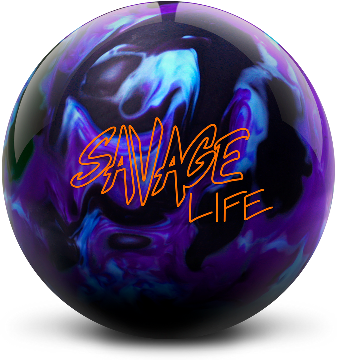 An aqua, violet, and black colored bowling ball with the Savage Life logo in orange centered prominently.