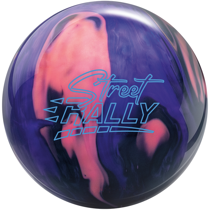 A black, rose gold, and purple colored bowling ball with the Street Rally logo in blue centered prominently.