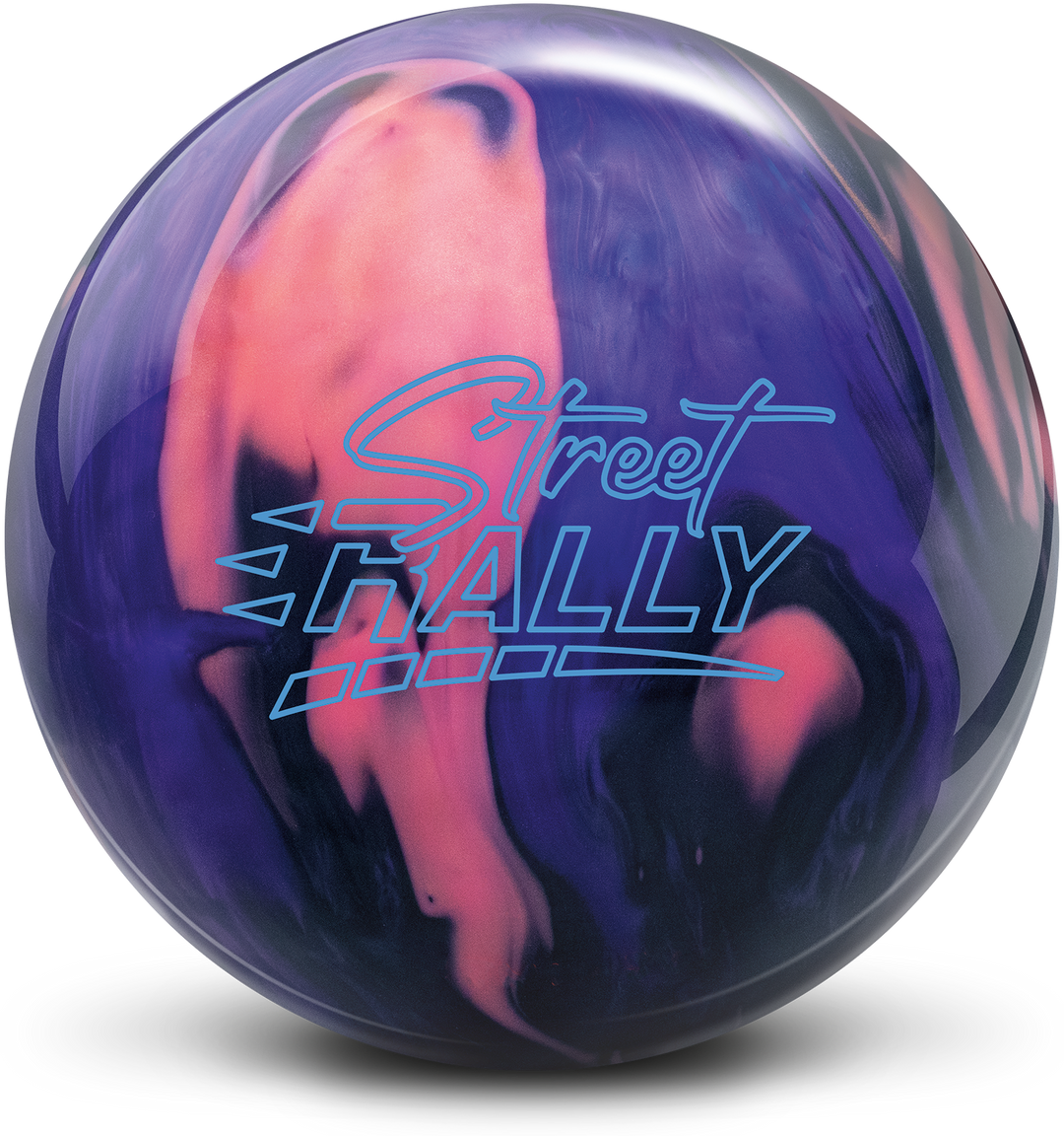 A black, rose gold, and purple colored bowling ball with the Street Rally logo in blue centered prominently.