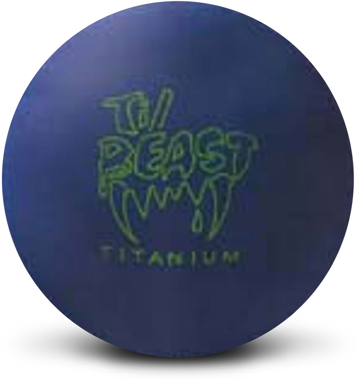 A blue bowling ball with the TI / Beast Titanium logo in green centered prominently.