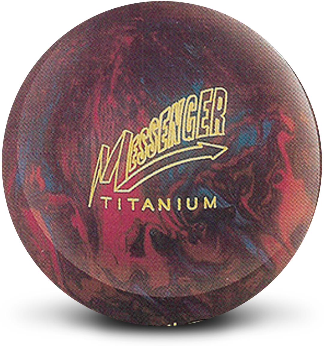 A red bowling ball with blue swirls and the Messenger Titanium logo in yellow centered prominently.