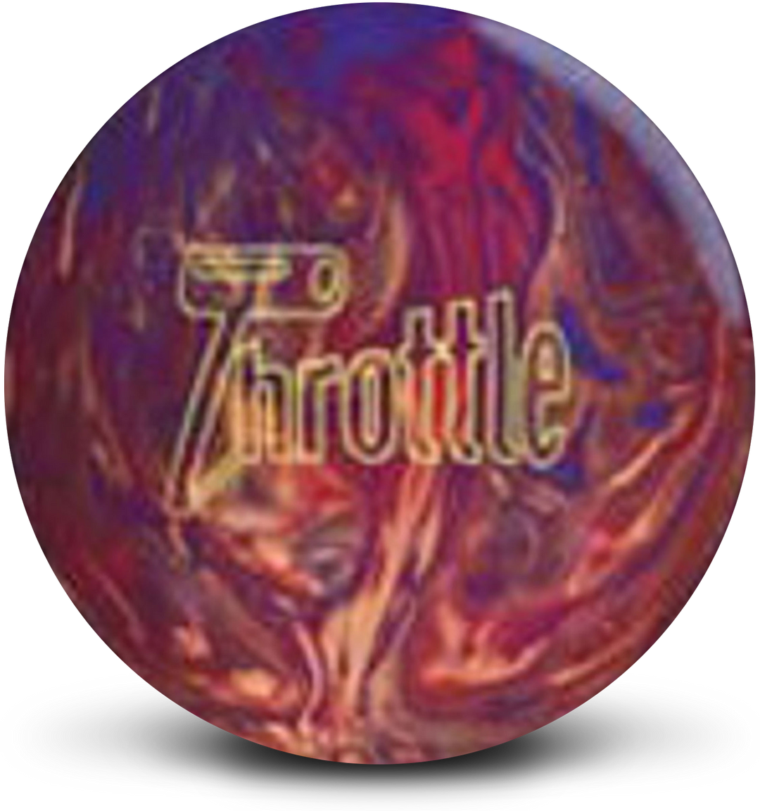 A crimson, purple, and bronze colored bowling ball with the Throttle logo in yellow centered prominently.